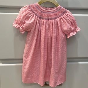 Smocked Giraffe pink and white striped dress with tiny rosebud detail smocking